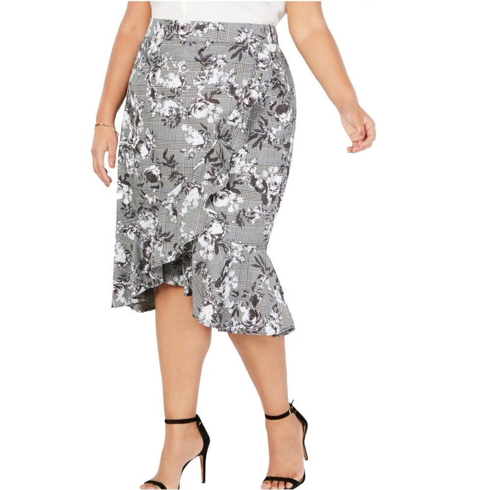 RACHEL ROY Gray Plaid Floral Asymmetrical Skirt NWOT 8
